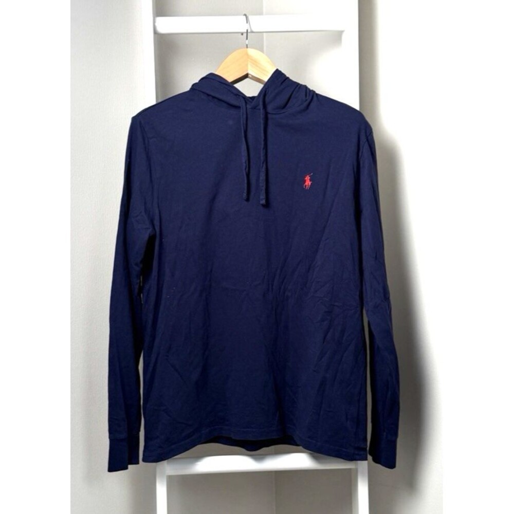 POLO Ralph Lauren Pullover Hoodie Mens M Navy Blue Knit Long Sleeve Logo Drawstg